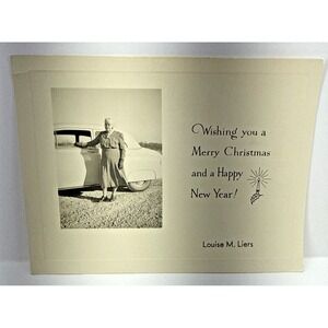 Vintage 1950s Christmas Photo Card Louise M. Liers w/ Car Late 40s–50s Sedan